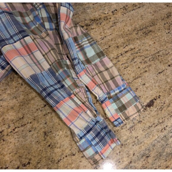LL Bean Top Womens XS Madras Plaid Roll Tab Patchwork Button Shirt 501589 - Picture 10 of 13